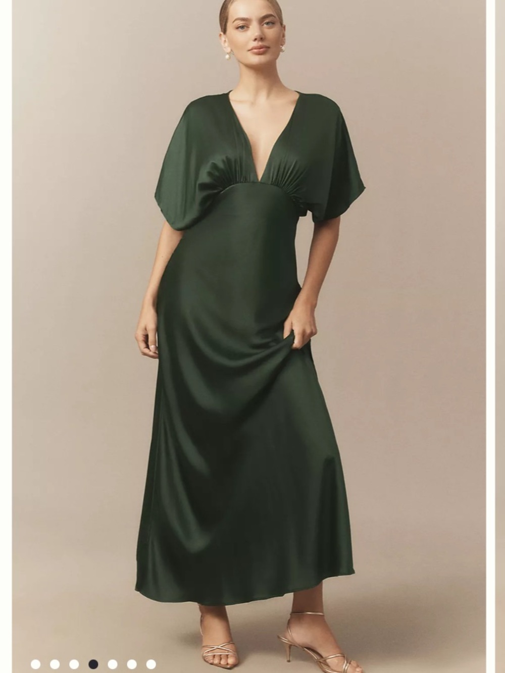 BHLDN Amelia Satin Deep-V Flutter Sleeve Gown — Forest Green